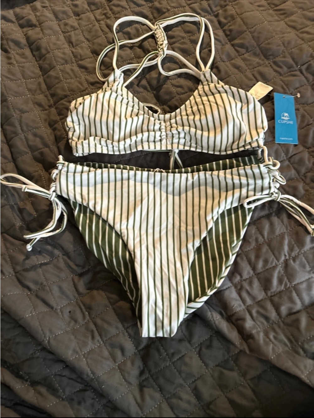Cupshe Olive Green & White Striped Kids One Piece Swim